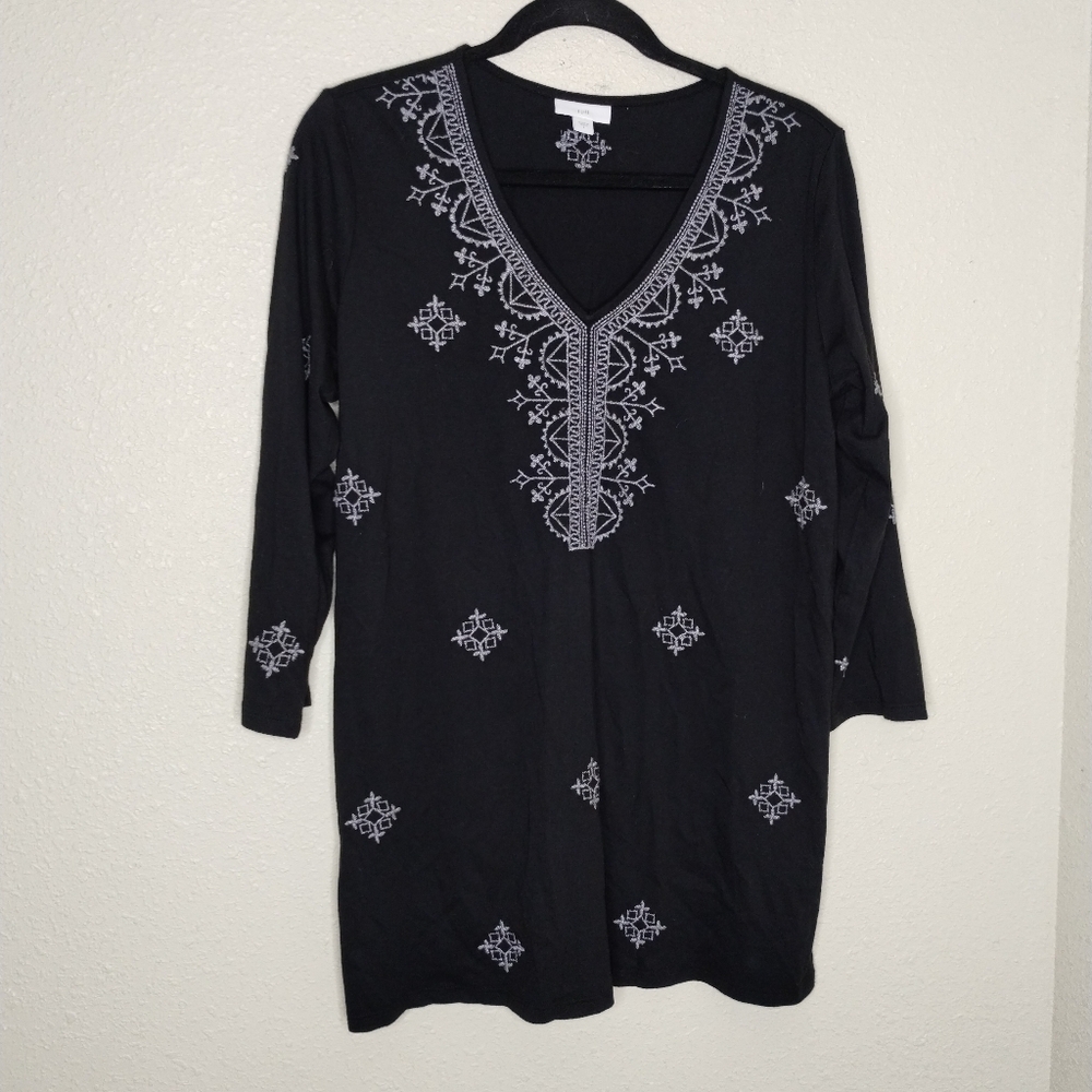 J. Jill Black V-Neck Embroidered Tunic Women's Size Small